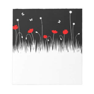 Minimalist Red Black and White Poppies Meadow Bold Notepad