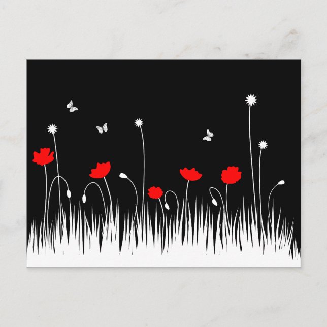 Minimalist Red Black and White Poppies Meadow Bold Postcard (Front)