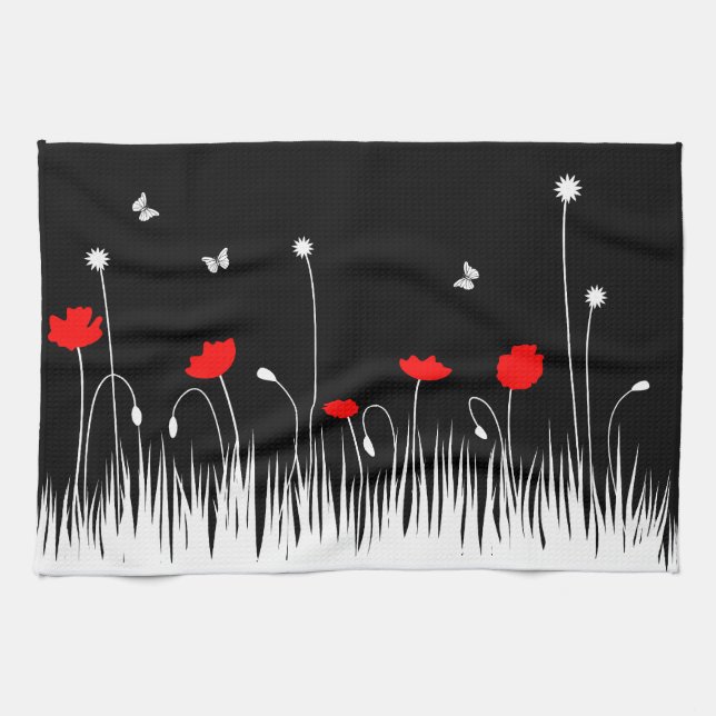Minimalist Red Black and White Poppies Meadow Bold Tea Towel (Horizontal)