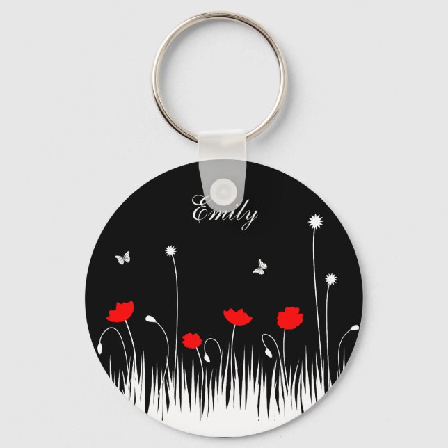 Minimalist Red Black and White Poppies Meadow Name Key Ring (Front)