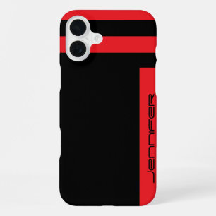 Minimalist Red Black Two Way Stripe, Name, iPhone 16 Plus Case