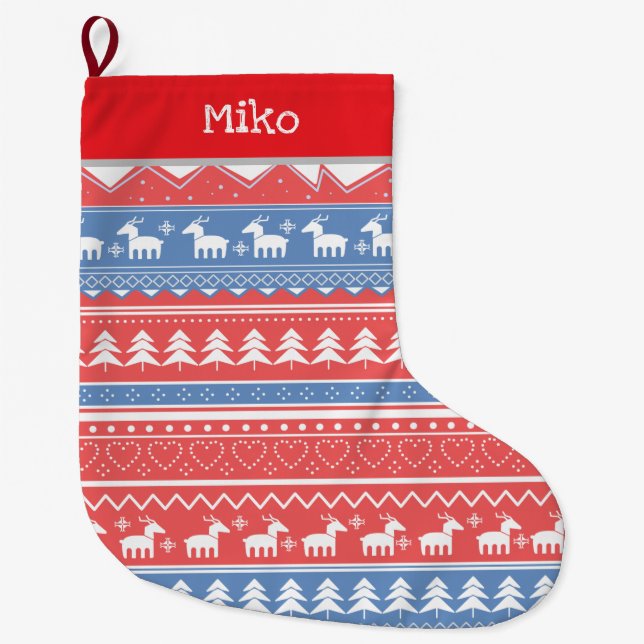 Minimalist Red & Blue Christmas - Unique Pattern Large Christmas Stocking (Front)