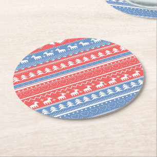 Minimalist Red & Blue Christmas - Unique Pattern Round Paper Coaster