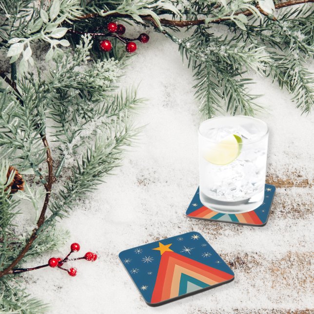 Minimalist Red & Blue Retro Groovy Christmas Tree  Coaster (Creator Uploaded)