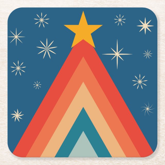 Minimalist Red & Blue Retro Groovy Christmas Tree  Square Paper Coaster (Front)