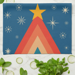 Minimalist Red & Blue Retro Groovy Christmas Tree  Tea Towel