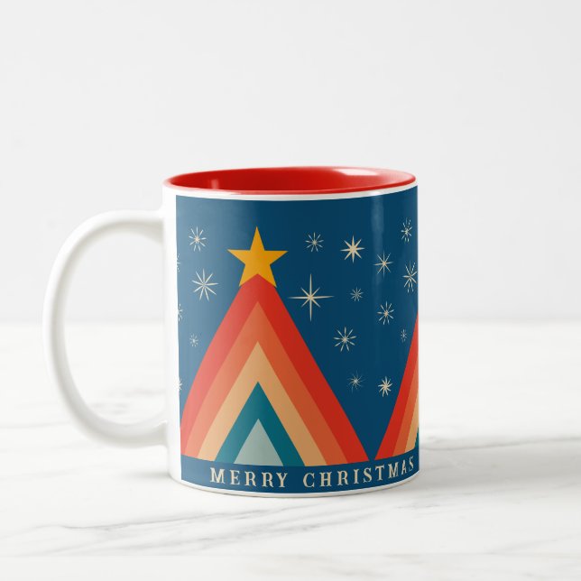 Minimalist Red & Blue Retro Groovy Christmas Tree Two-Tone Coffee Mug (Left)