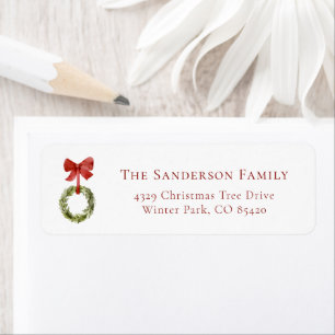 minimalist red bow christmas wreath return address