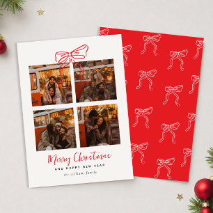 Minimalist Red Bow Photo Collage Christmas Holiday Card