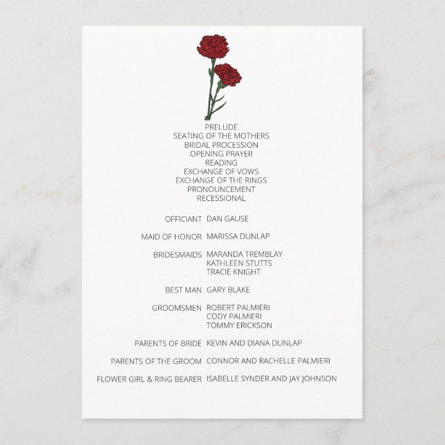 Minimalist Red Carnations Wedding Program Programme (Front)
