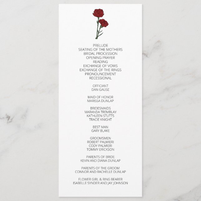 Minimalist Red Carnations Wedding Program Programme (Front)
