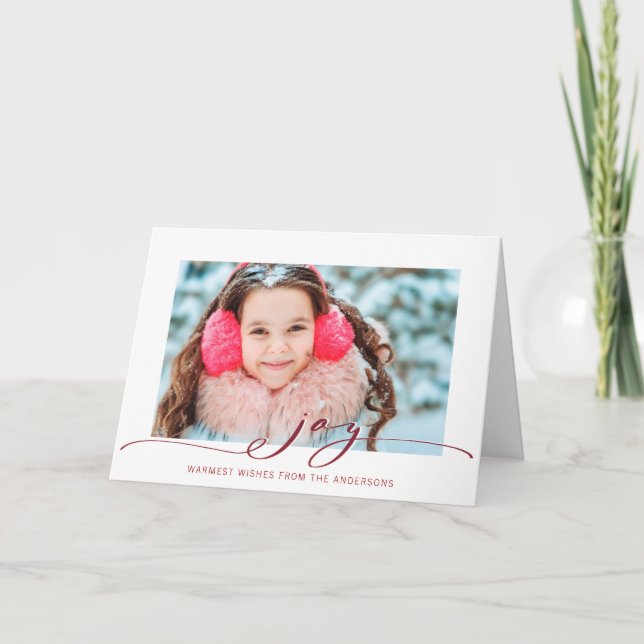 Minimalist Red Elegant Joy Script Photo Holiday Card (Front)