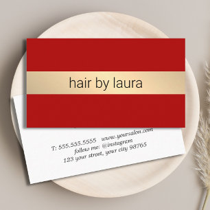 Minimalist Red Faux Gold Stripe Hairdresser Business Card