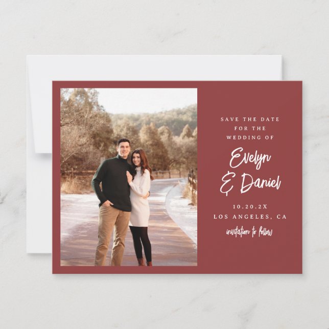 Minimalist Red Flat Photo Save The Date (Front)