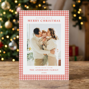 Minimalist Red Gingham Christmas Photo Holiday Card