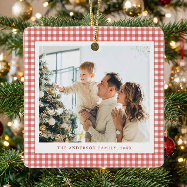 Minimalist Red Gingham Photo Ceramic Ornament (Creator Uploaded)