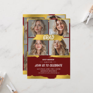 Minimalist Red Gold 4Photo Graduation Party  Invitation