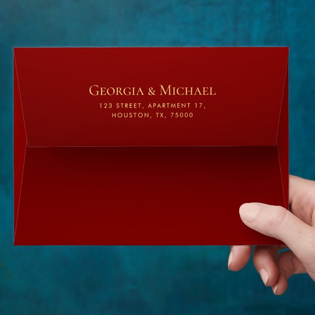 Minimalist Red & Gold Monogram Elegant Wedding Envelope (Hand)