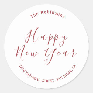 Minimalist Red Happy New Year Address Classic Round Sticker
