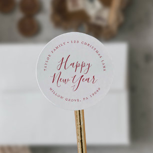 Minimalist Red Happy New Year Circular Address Classic Round Sticker