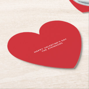 Minimalist red heart custom text Valentine's Day Paper Coaster