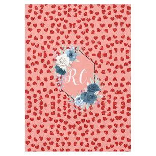 Minimalist Red Heart & Pink Blue Flower Monogram Tablecloth