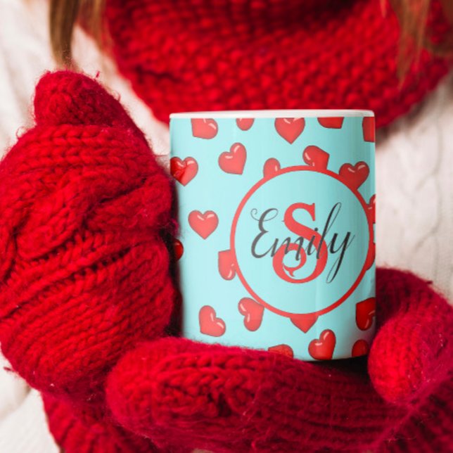 Minimalist Red Hearts on Pastel Blue Custom Name Coffee Mug (Creator Uploaded)