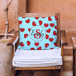 Minimalist Red Hearts Pattern on Blue Custom Name Cushion