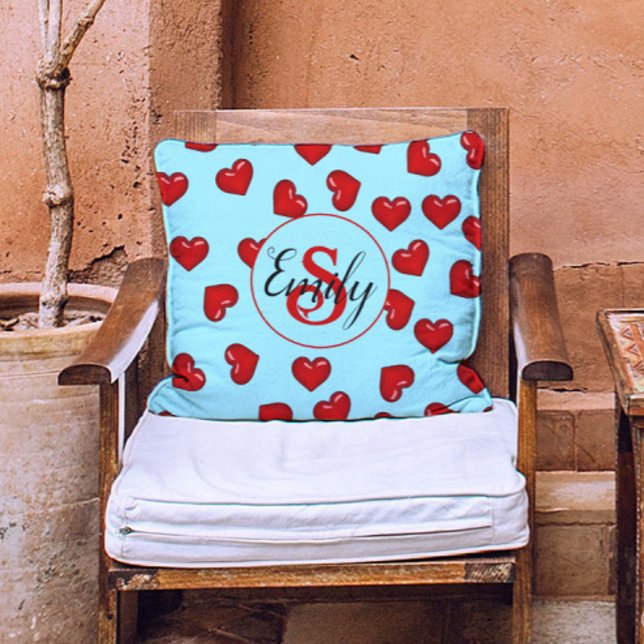 Minimalist Red Hearts Pattern on Blue Custom Name Cushion (Creator Uploaded)