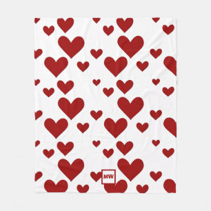 Minimalist, red hearts, white background monogram fleece blanket
