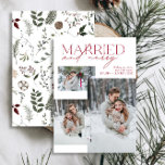 Minimalist Red Married and Merry Newlywed Photo Holiday Card<br><div class="desc">Introducing our stunning new Minimalist Red Married and Merry Newlywed Photo Holiday Card: a modern design featuring elegant typography and three cherished wedding photos, in festive red and white. The minimalistic front is complemented by a warm, festive watercolor botanical pattern on the back, showcasing greenery, eucalyptus, pine cones and berries....</div>