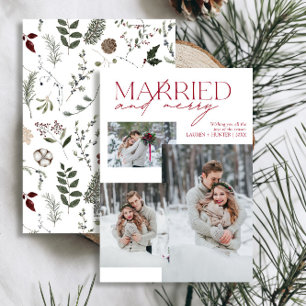 Minimalist Red Married and Merry Newlywed Photo Holiday Card