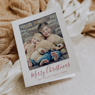 Minimalist Red Merry Christmas Portrait Photo Holiday Card