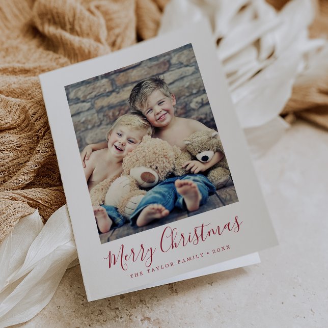 Minimalist Red Merry Christmas Portrait Photo Holiday Card (Creator Uploaded)