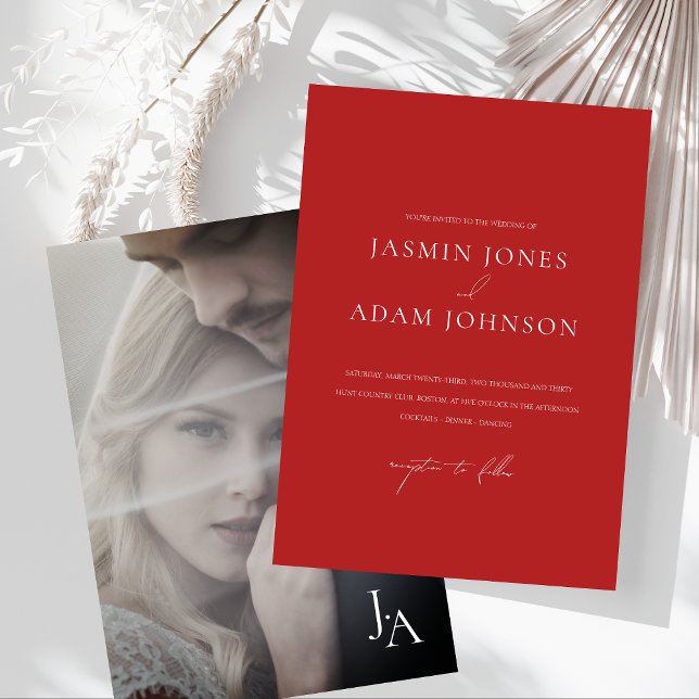 Minimalist Red Monogram Photo Wedding Invitation (Minimalist Crimson Red Monogram Photo Wedding Invitation)