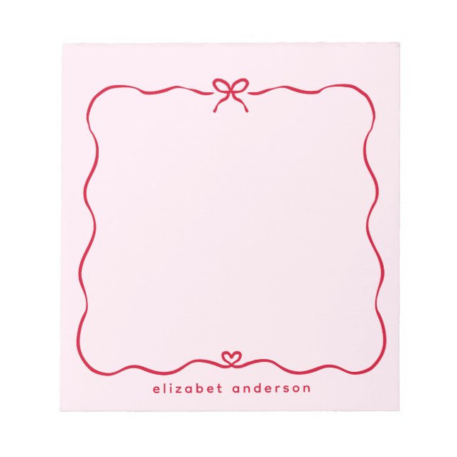 Minimalist Red Pink Cute Bow Custom Valentines Day Notepad (Front)