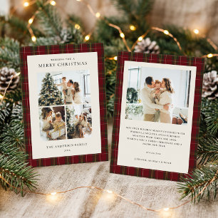 Minimalist Red Plaid Christmas Photo Collage Holiday Card