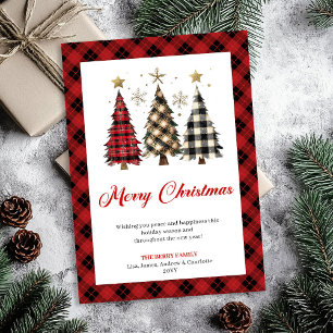 Minimalist Red Plaid Christmas Tree Holiday  Card