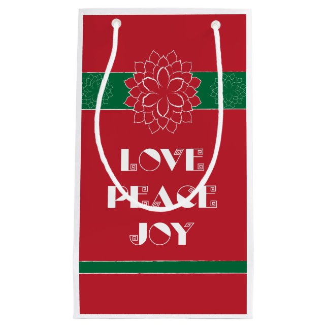 Minimalist Red Poinsettia with Love, Peace, Joy Small Gift Bag (Front)