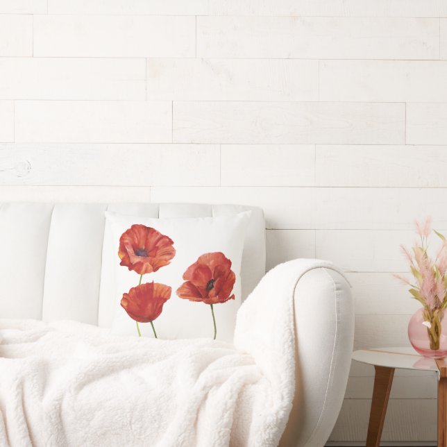 Minimalist Red Poppy Flowers Botanical Watercolor Cushion (Couch)