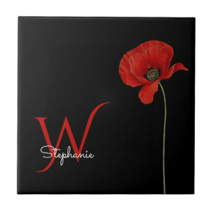 Minimalist Red Poppy with Initial on Black Tile