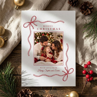 Minimalist Red Ribbon Bow Christmas Photo Holiday Card