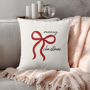Minimalist Red Ribbon Bow Merry Christmas Cushion