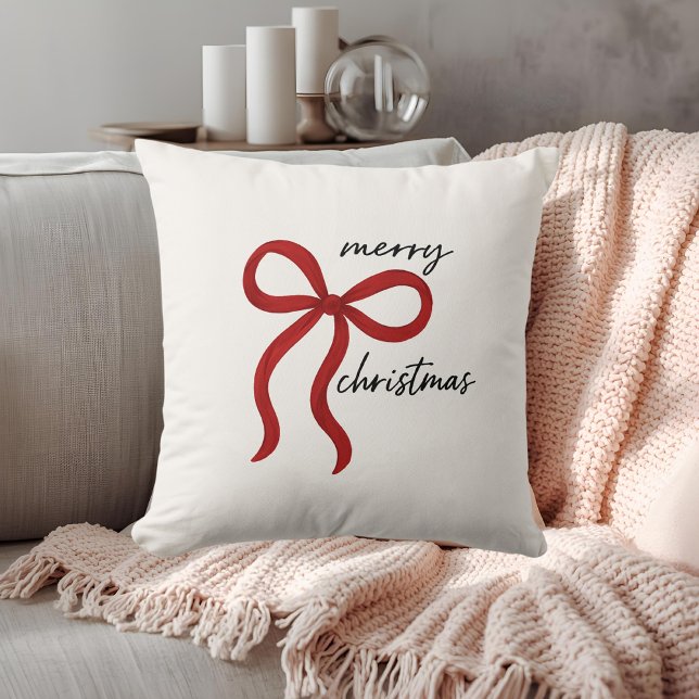 Minimalist Red Ribbon Bow Merry Christmas  Cushion (Creator Uploaded)