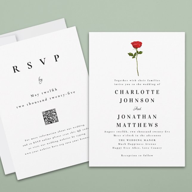 Minimalist Red Rose Elegant Modern QR Code Invitation (Single red rose watercolor elegant modern wedding qr code invitation )