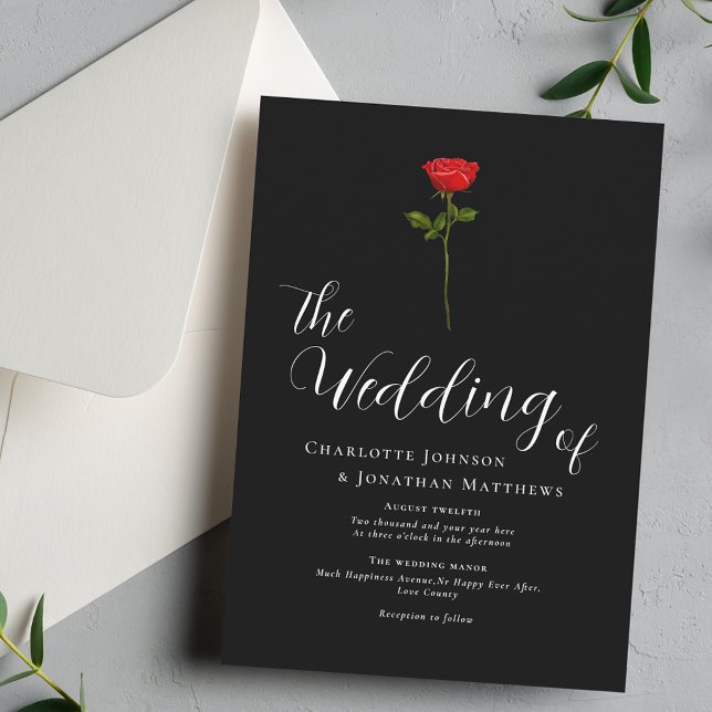Minimalist Red Rose Elegant Script Black & White Invitation (Elegant simple single red rose black & white wedding invitation watercolor floral stylish script)