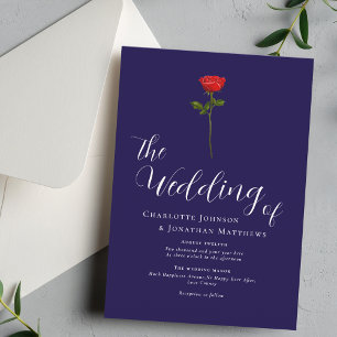 Minimalist Red Rose Elegant Script Navy Blue Invitation