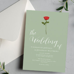 Minimalist Red Rose Elegant Script Sage Green Invitation