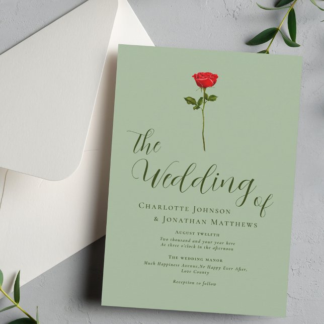 Minimalist Red Rose Elegant Script Sage Green Invitation (Simple red rose elegant calligraphy script sage green wedding invitation Romantic modern stylish)
