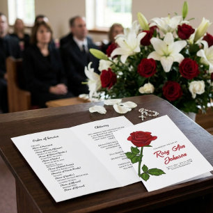 Minimalist Red Rose Funeral Program 4-Page Card